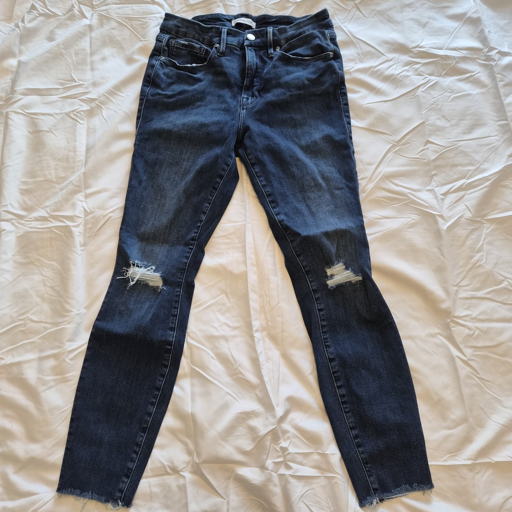 Good American Good Legs Crop Distress Dark Wash Mid Rise Skinny Jeans Size 6